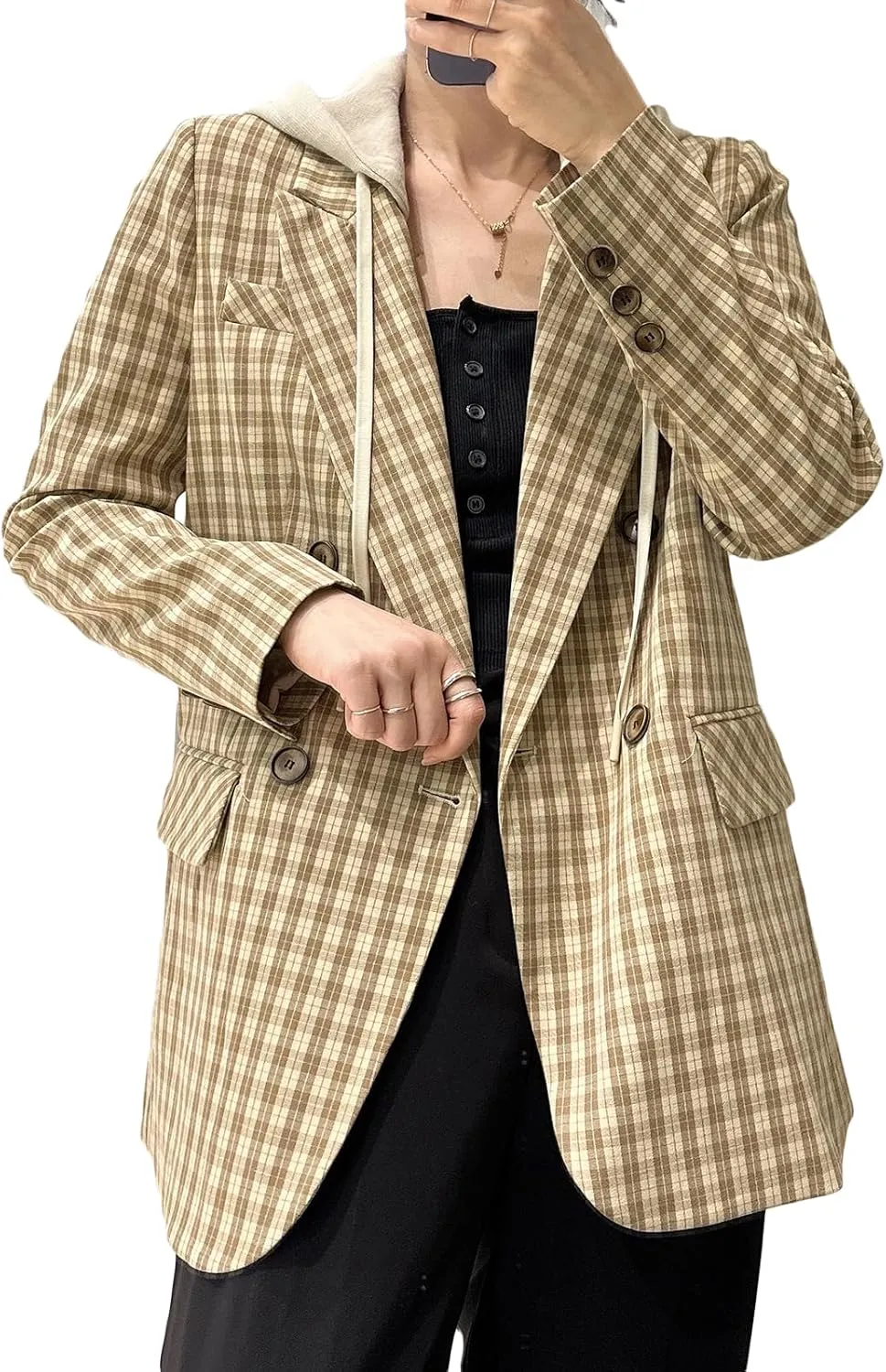2025 Women's Spring Hooded Blazer Jacket Double-Breasted Oversize Loose Fully-Lined Work Office Suit with Pockets