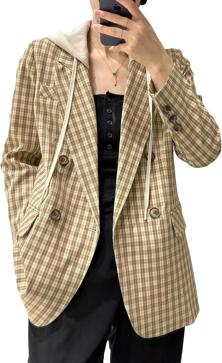 2025 Women's Spring Hooded Blazer Jacket Double-Breasted Oversize Loose Fully-Lined Work Office Suit with Pockets