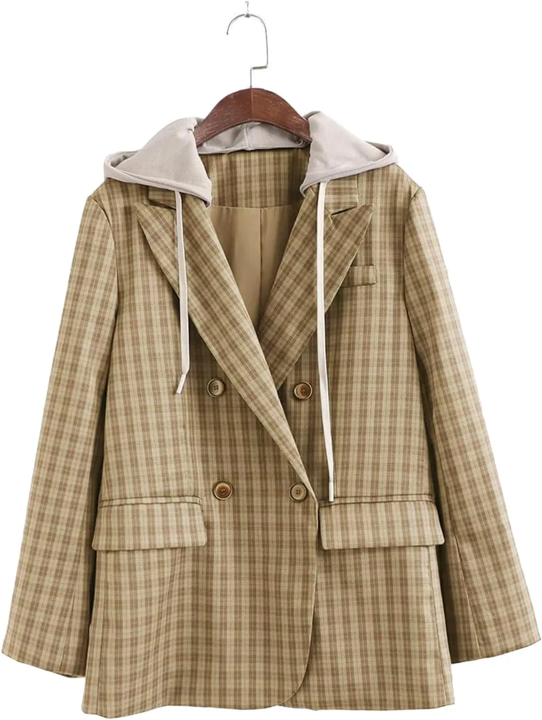 2025 Women's Spring Hooded Blazer Jacket Double-Breasted Oversize Loose Fully-Lined Work Office Suit with Pockets