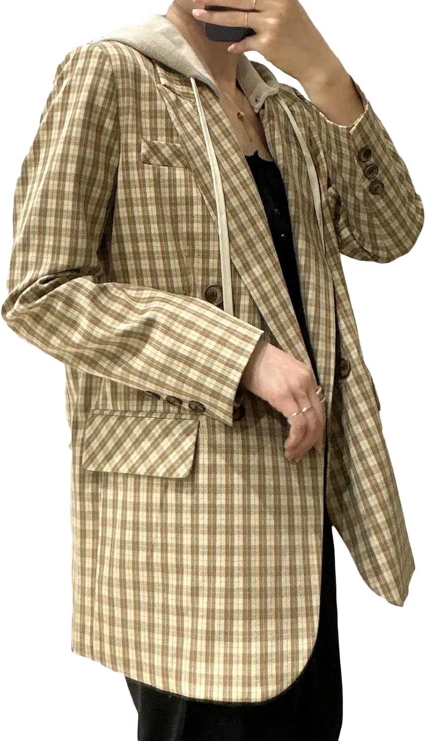 2025 Women's Spring Hooded Blazer Jacket Double-Breasted Oversize Loose Fully-Lined Work Office Suit with Pockets