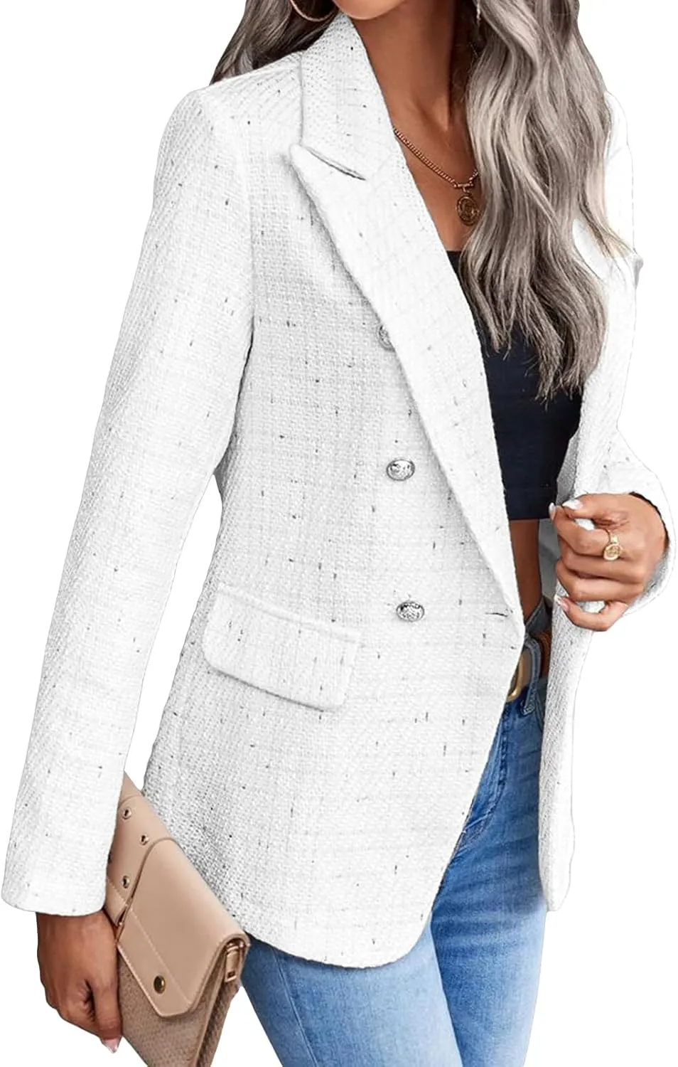 2025 Women's Spring Tweed Blazer Jacket Plaid Fully-Lined Fashion Business Casual Lapel Elegant Coat with Pockets