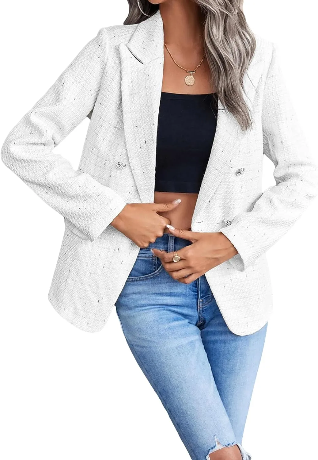 2025 Women's Spring Tweed Blazer Jacket Plaid Fully-Lined Fashion Business Casual Lapel Elegant Coat with Pockets