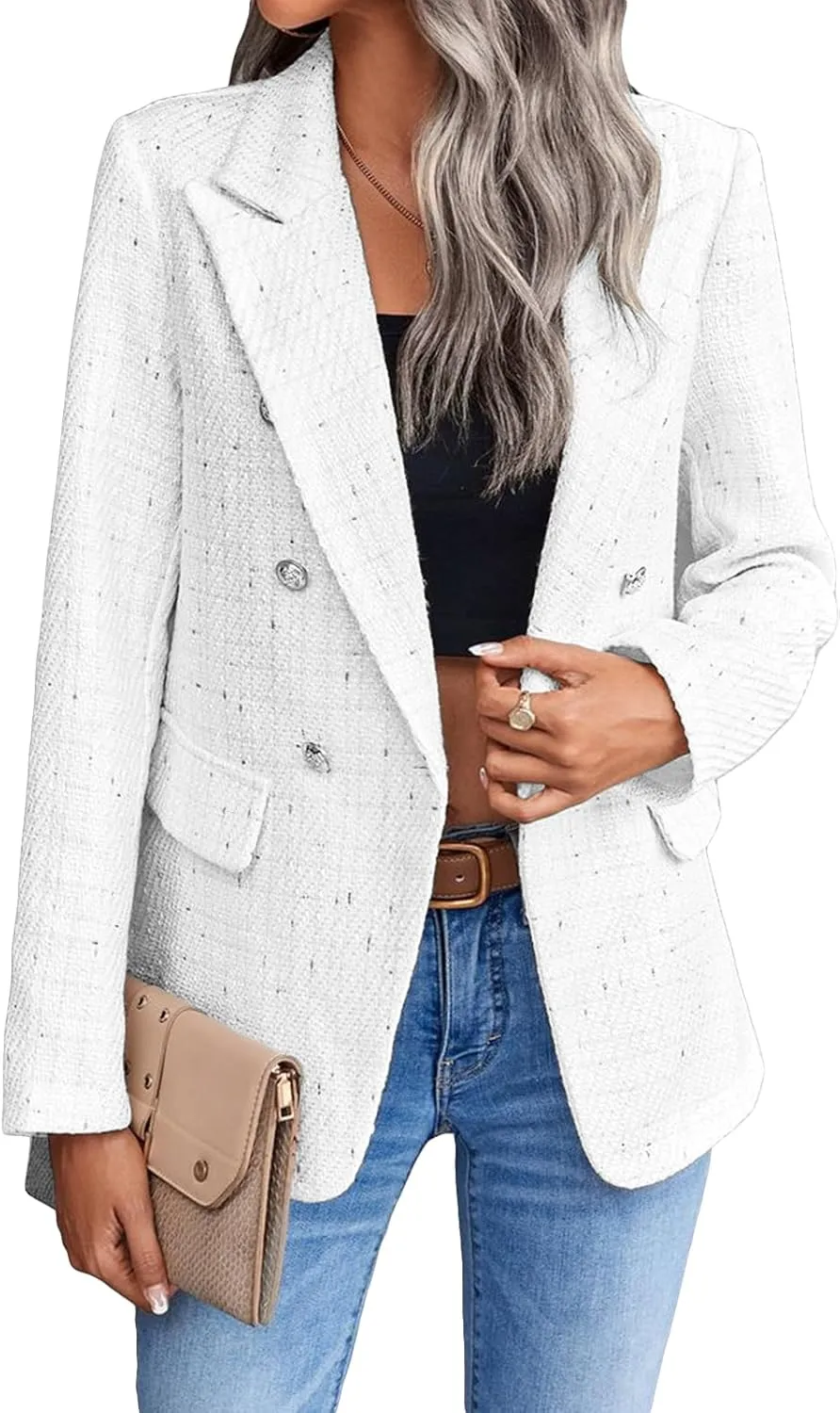 2025 Women's Spring Tweed Blazer Jacket Plaid Fully-Lined Fashion Business Casual Lapel Elegant Coat with Pockets