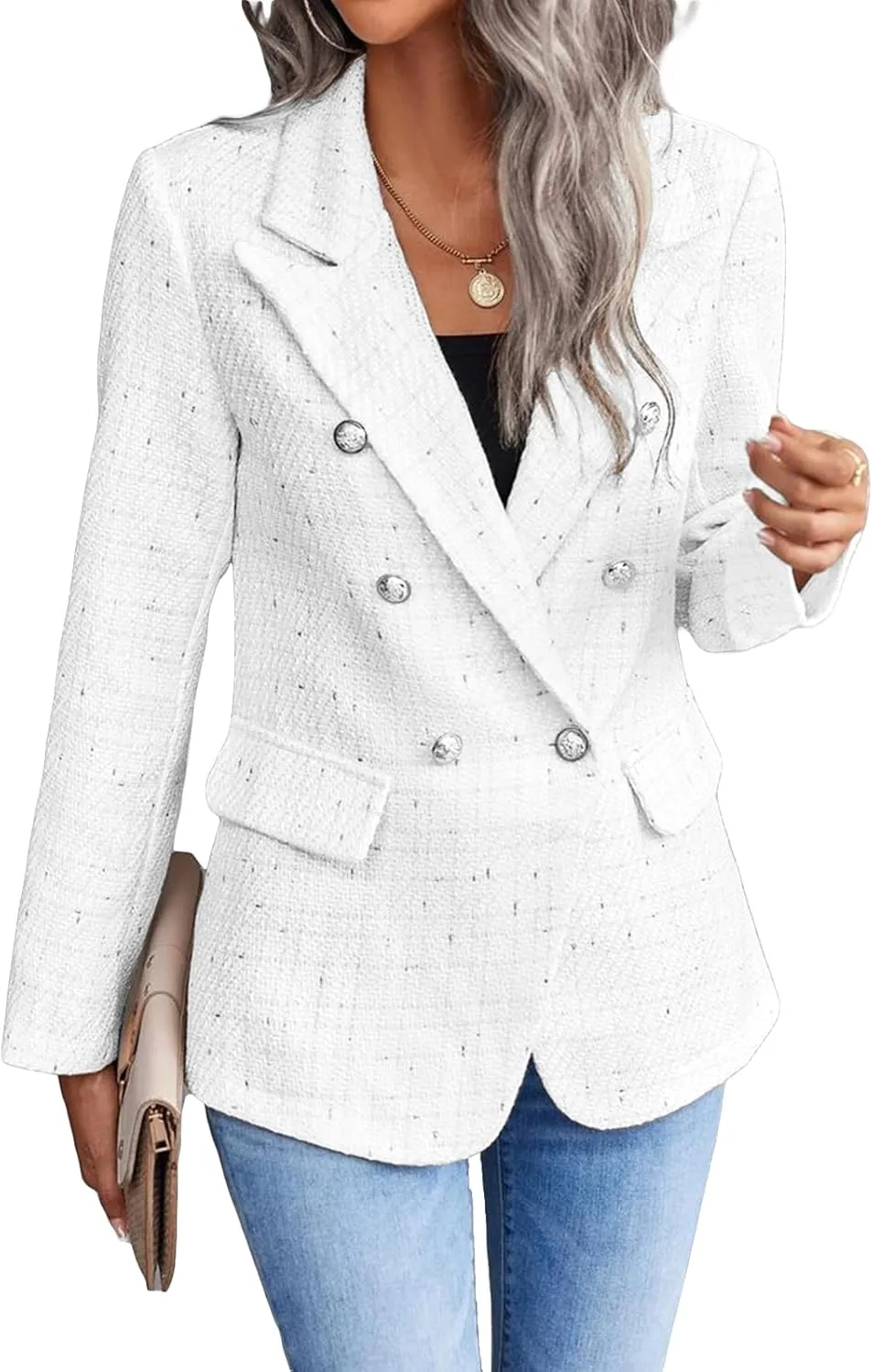 2025 Women's Spring Tweed Blazer Jacket Plaid Fully-Lined Fashion Business Casual Lapel Elegant Coat with Pockets