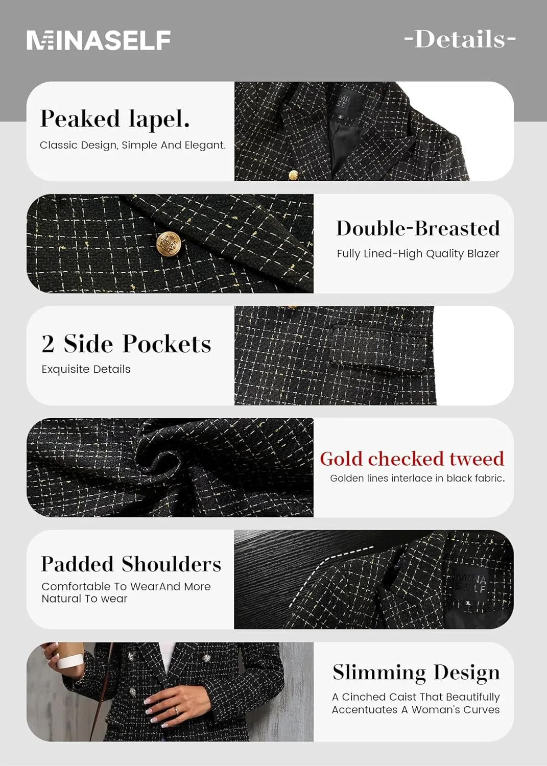 2025 Women's Spring Tweed Blazer Jacket Plaid Fully-Lined Fashion Business Casual Lapel Elegant Coat with Pockets
