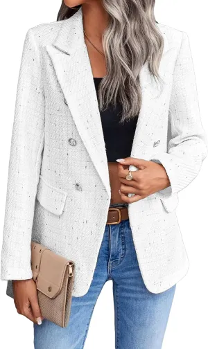 2025 Women's Spring Tweed Blazer Jacket Plaid Fully-Lined Fashion Business Casual Lapel Elegant Coat with Pockets