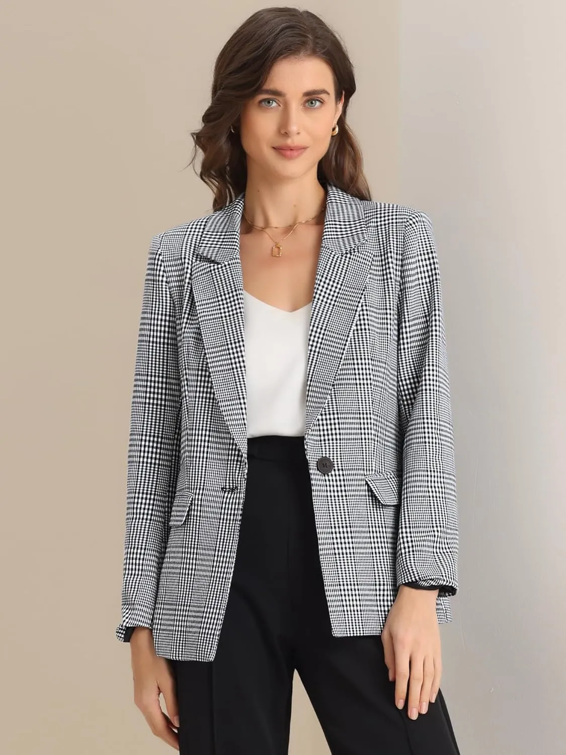 Allegra K Women's Notched Lapel One Button Boyfriend Blazer Suit Plaid Blazer Jacket