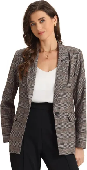 Allegra K Women's Notched Lapel One Button Boyfriend Blazer Suit Plaid Blazer Jacket