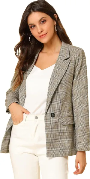 Allegra K Women's Notched Lapel One Button Boyfriend Blazer Suit Plaid Blazer Jacket