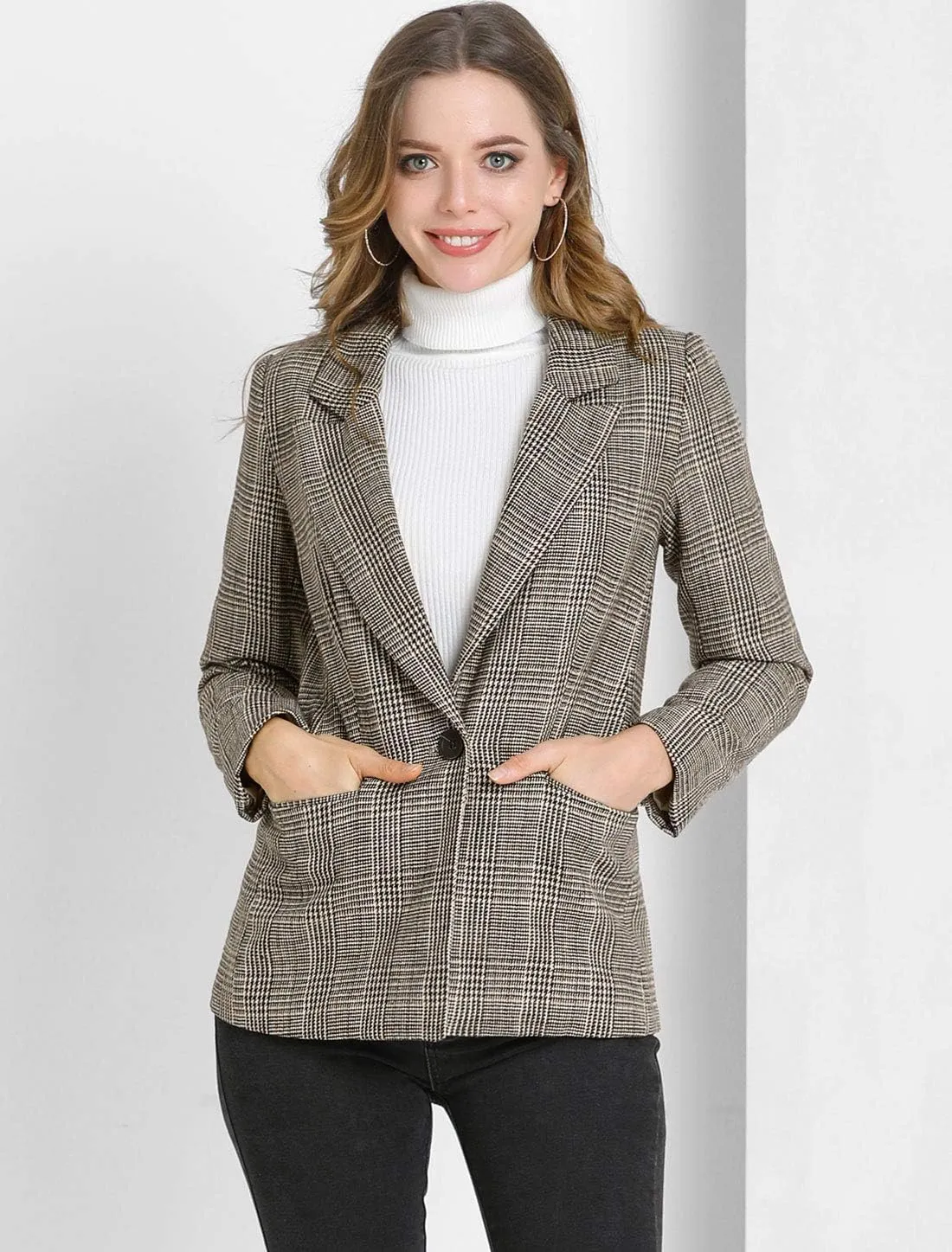 Allegra K Women's Notched Lapel One Button Boyfriend Blazer Suit Plaid Blazer Jacket