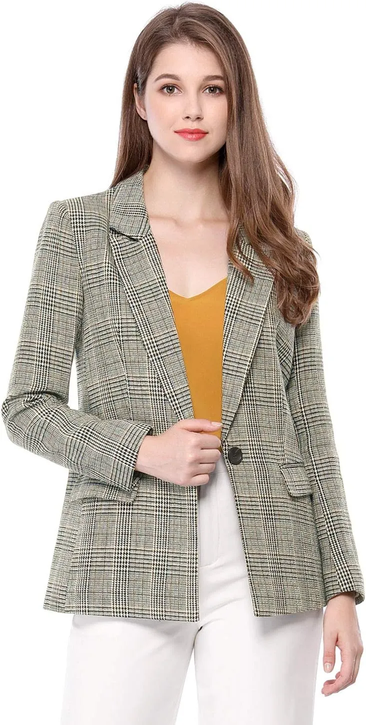 Allegra K Women's Notched Lapel One Button Boyfriend Blazer Suit Plaid Blazer Jacket