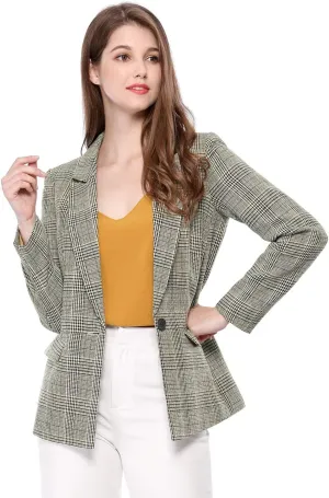 Allegra K Women's Notched Lapel One Button Boyfriend Blazer Suit Plaid Blazer Jacket