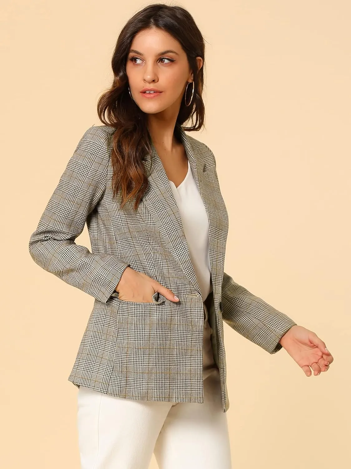 Allegra K Women's Notched Lapel One Button Boyfriend Blazer Suit Plaid Blazer Jacket