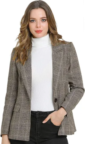 Allegra K Women's Notched Lapel One Button Boyfriend Blazer Suit Plaid Blazer Jacket