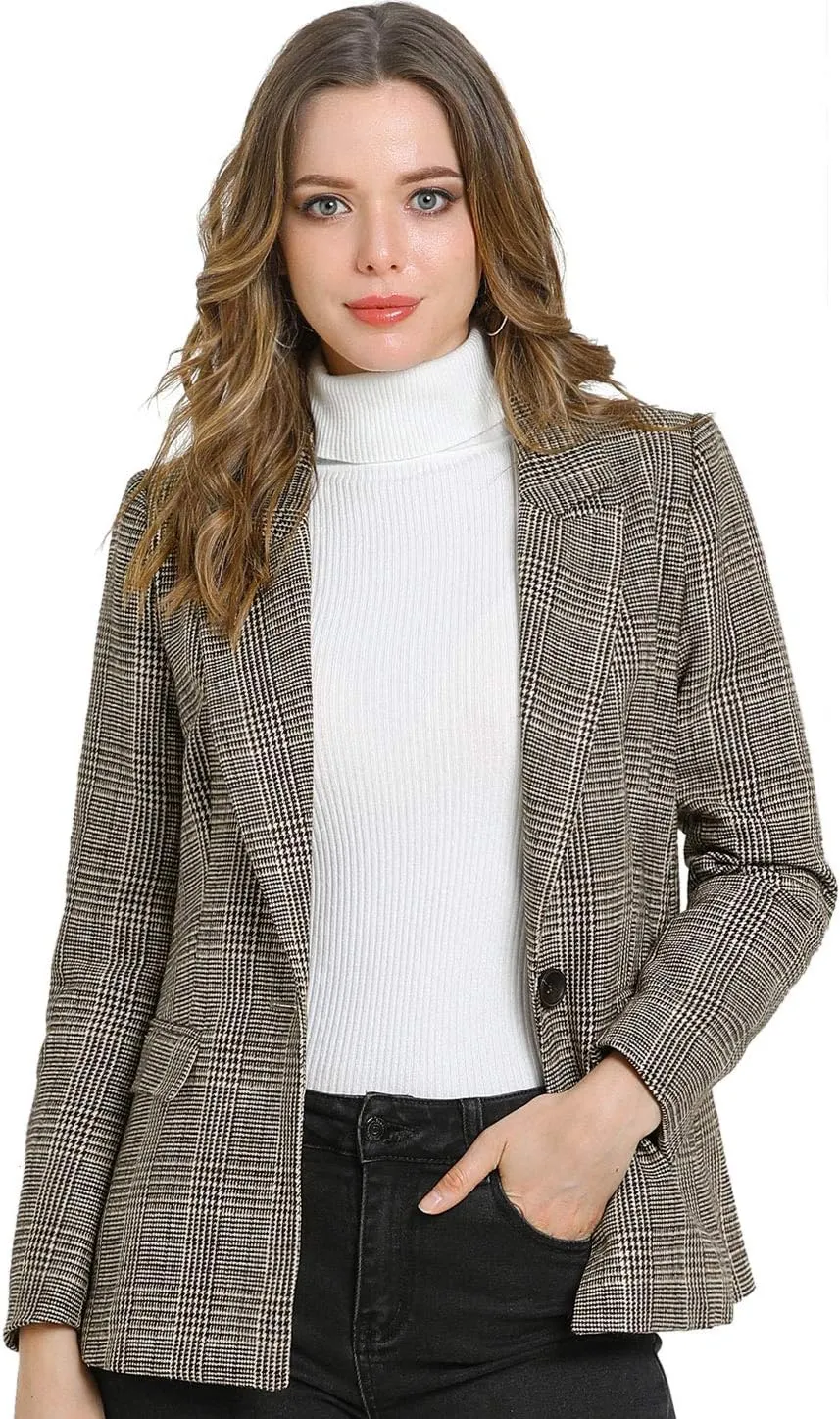 Allegra K Women's Notched Lapel One Button Boyfriend Blazer Suit Plaid Blazer Jacket