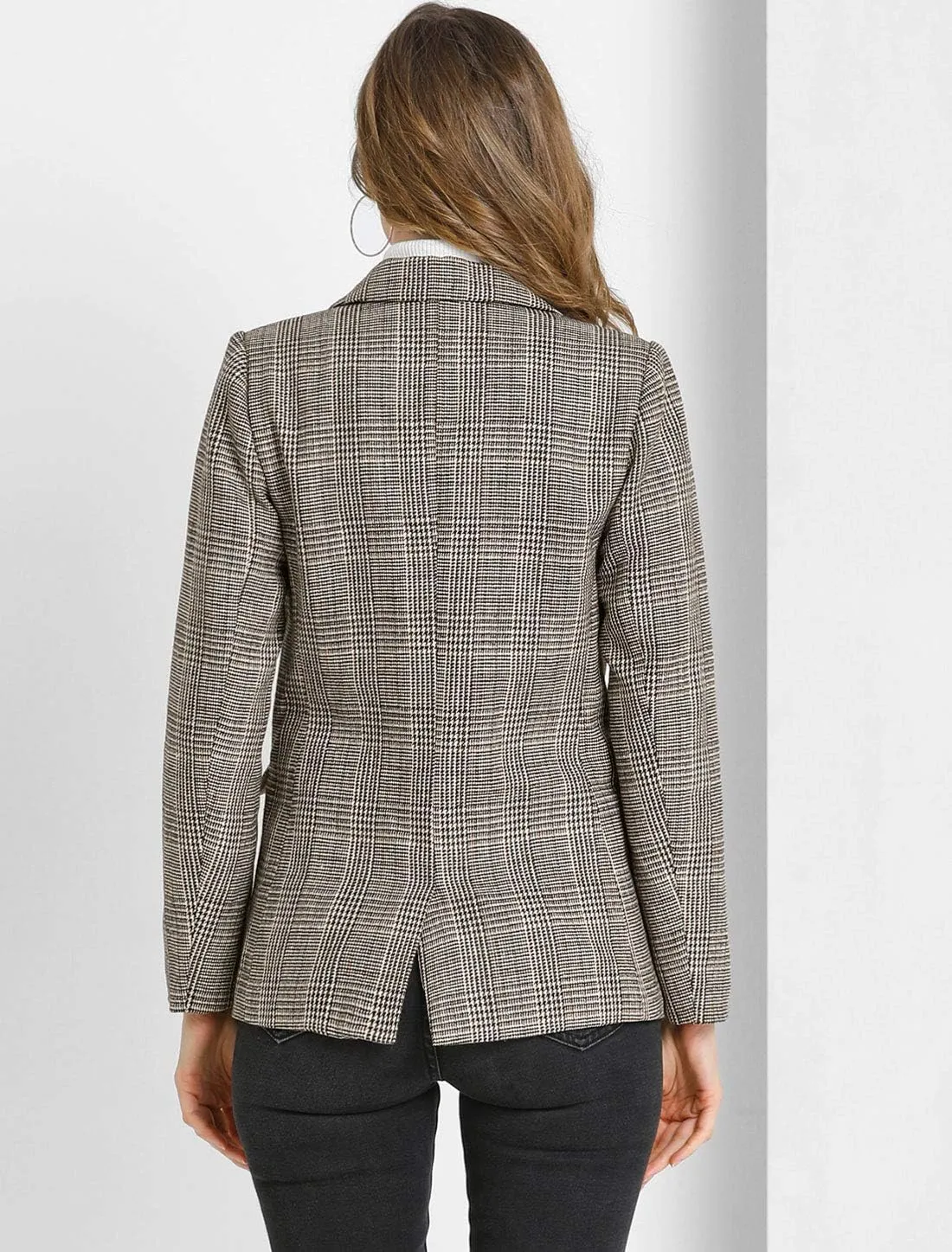 Allegra K Women's Notched Lapel One Button Boyfriend Blazer Suit Plaid Blazer Jacket