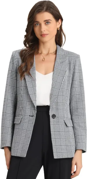 Allegra K Women's Notched Lapel One Button Boyfriend Blazer Suit Plaid Blazer Jacket