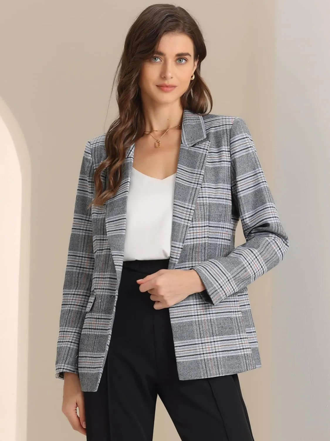 Allegra K Women's Notched Lapel One Button Boyfriend Blazer Suit Plaid Blazer Jacket