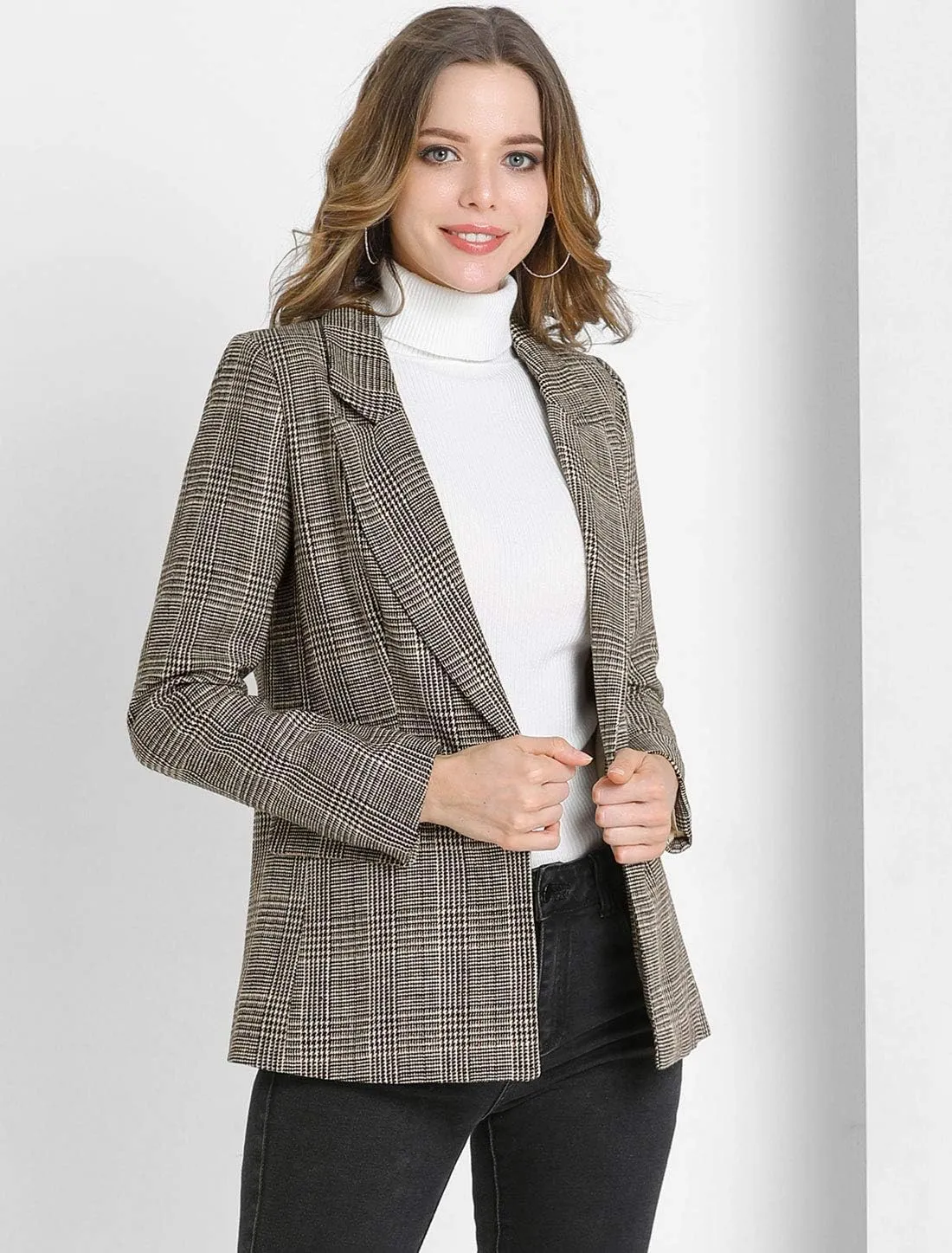 Allegra K Women's Notched Lapel One Button Boyfriend Blazer Suit Plaid Blazer Jacket