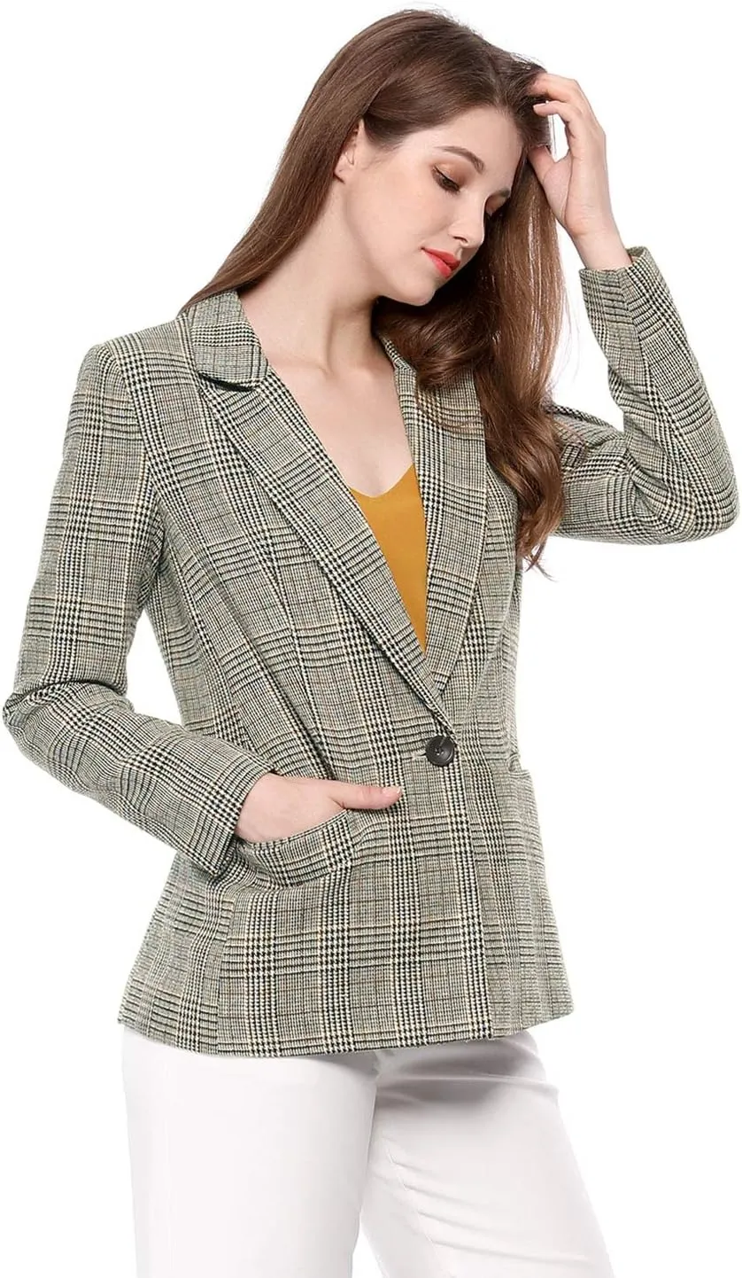 Allegra K Women's Notched Lapel One Button Boyfriend Blazer Suit Plaid Blazer Jacket