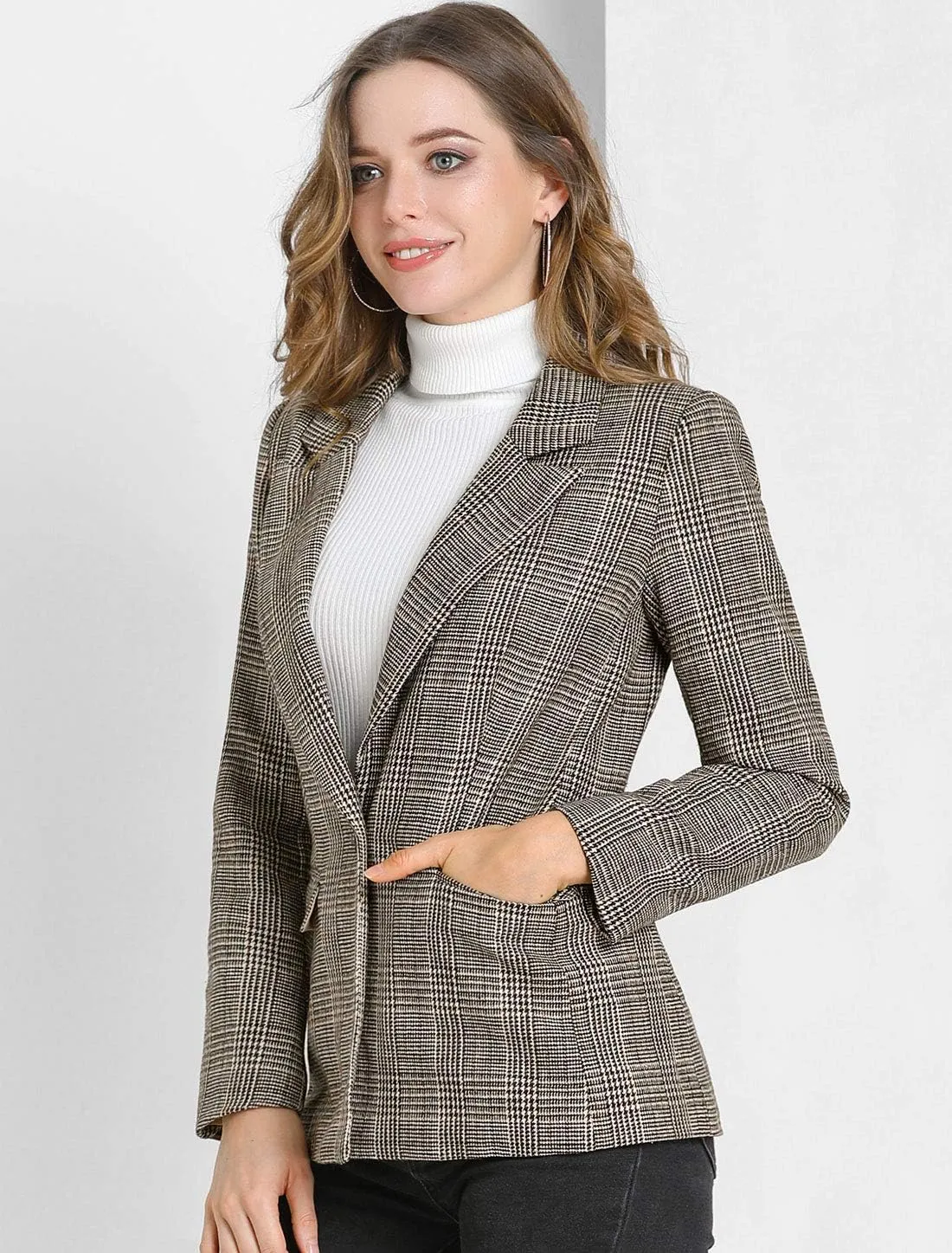 Allegra K Women's Notched Lapel One Button Boyfriend Blazer Suit Plaid Blazer Jacket