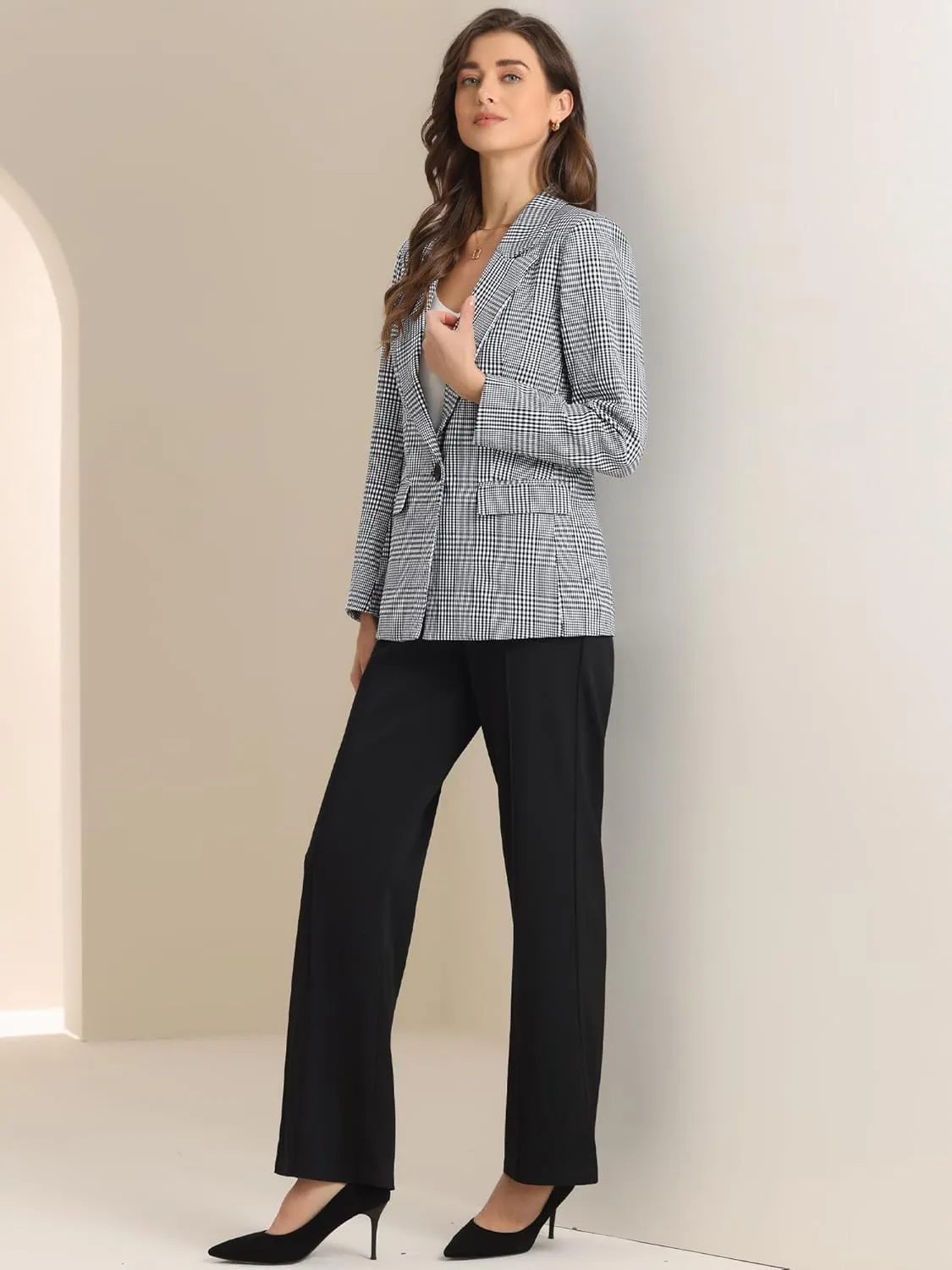 Allegra K Women's Notched Lapel One Button Boyfriend Blazer Suit Plaid Blazer Jacket
