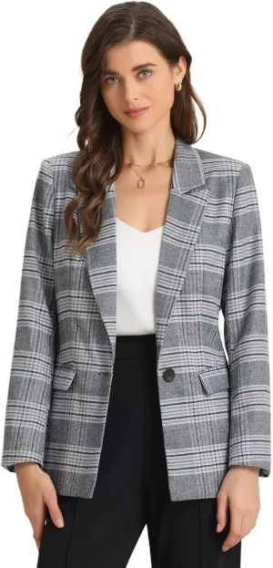 Allegra K Women's Notched Lapel One Button Boyfriend Blazer Suit Plaid Blazer Jacket