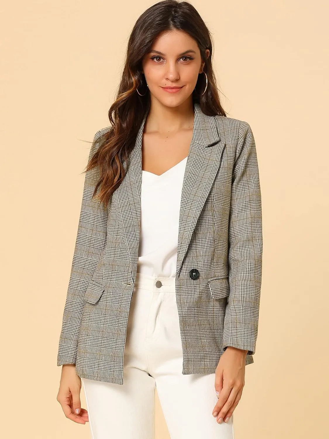 Allegra K Women's Notched Lapel One Button Boyfriend Blazer Suit Plaid Blazer Jacket