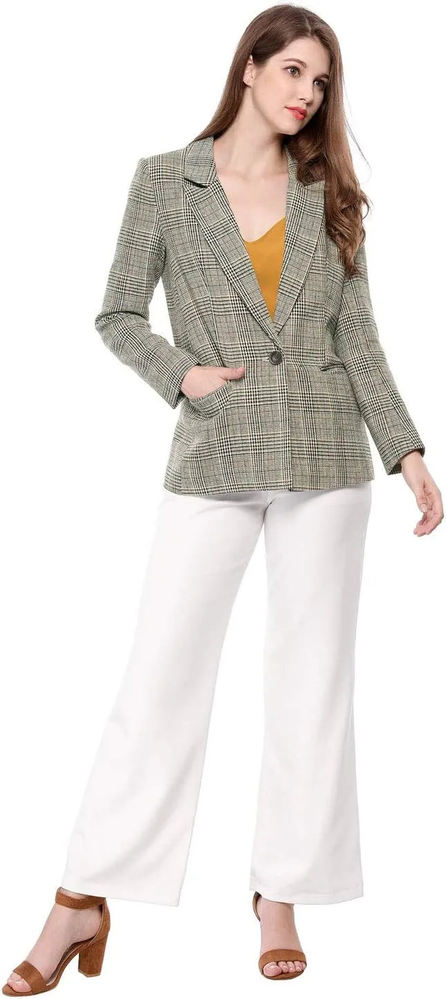 Allegra K Women's Notched Lapel One Button Boyfriend Blazer Suit Plaid Blazer Jacket