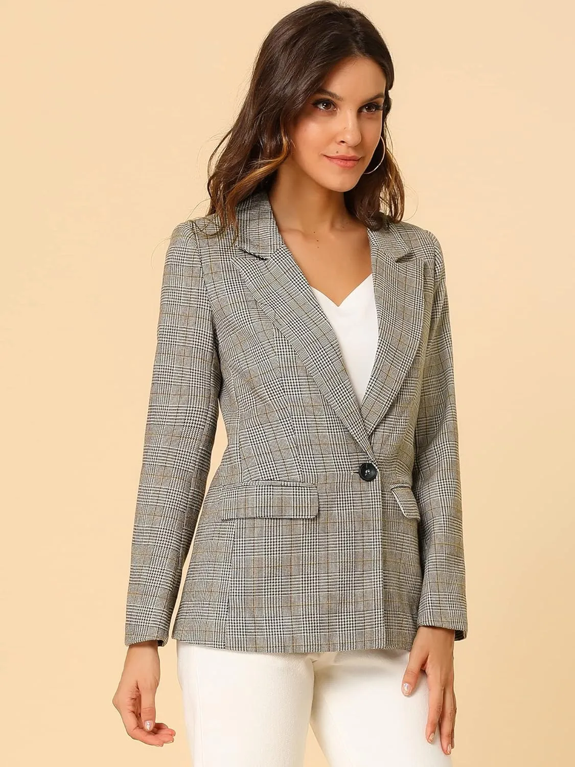 Allegra K Women's Notched Lapel One Button Boyfriend Blazer Suit Plaid Blazer Jacket
