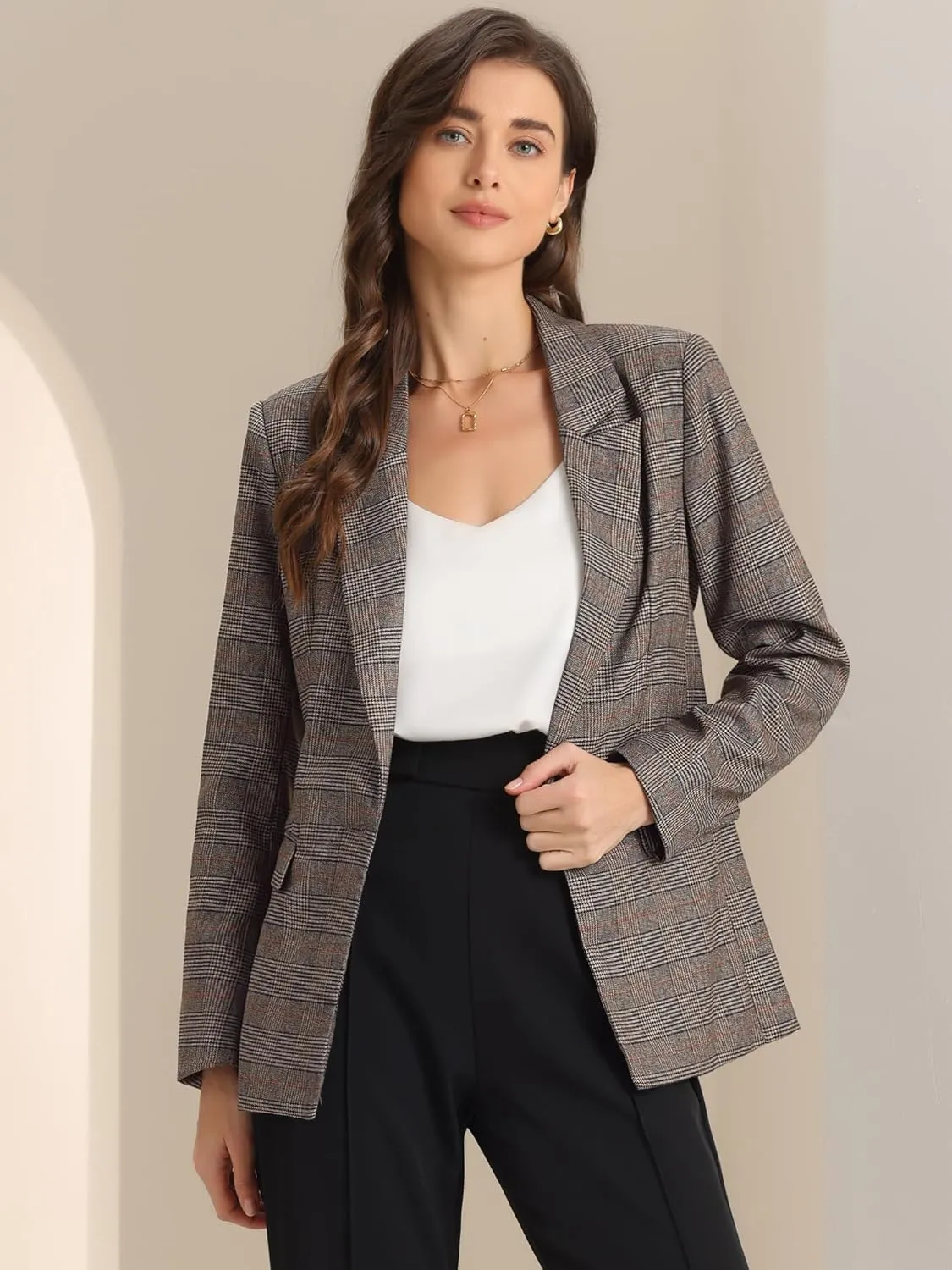 Allegra K Women's Notched Lapel One Button Boyfriend Blazer Suit Plaid Blazer Jacket