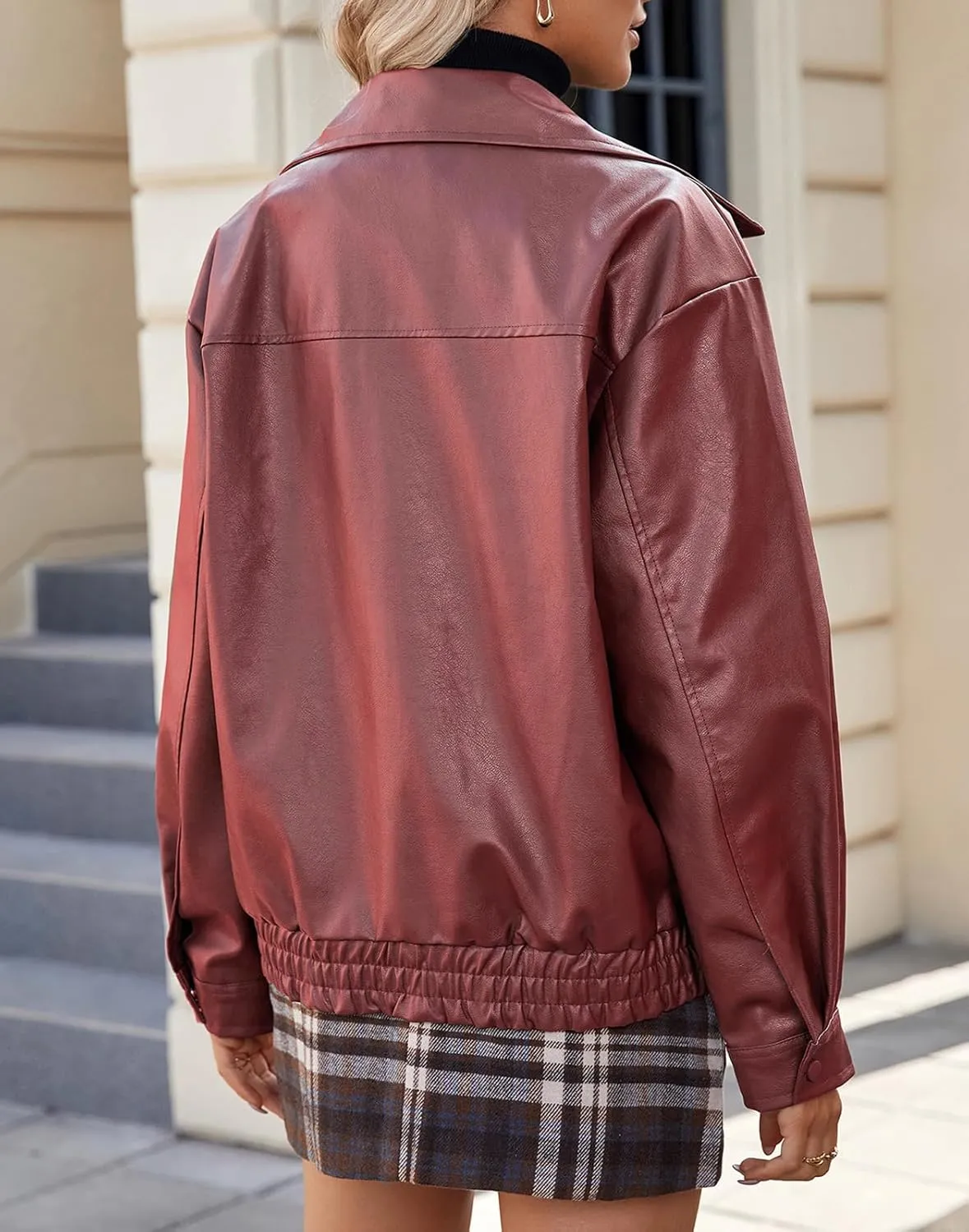 American Trends Leather Jacket Women Bomber Pleather Jacket Oversized Leather Blazer Biker Motorcycle Jacket