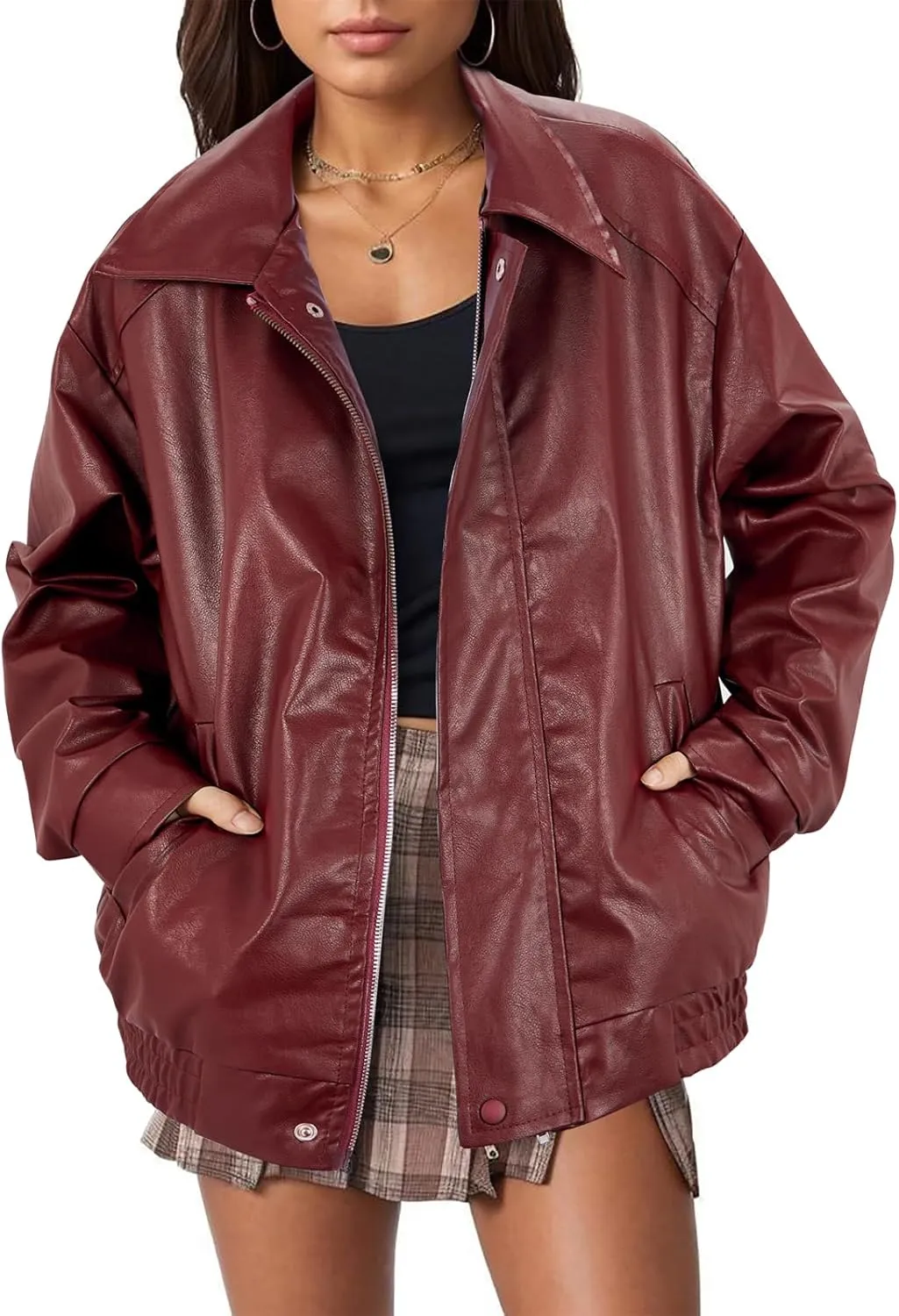 American Trends Leather Jacket Women Bomber Pleather Jacket Oversized Leather Blazer Biker Motorcycle Jacket