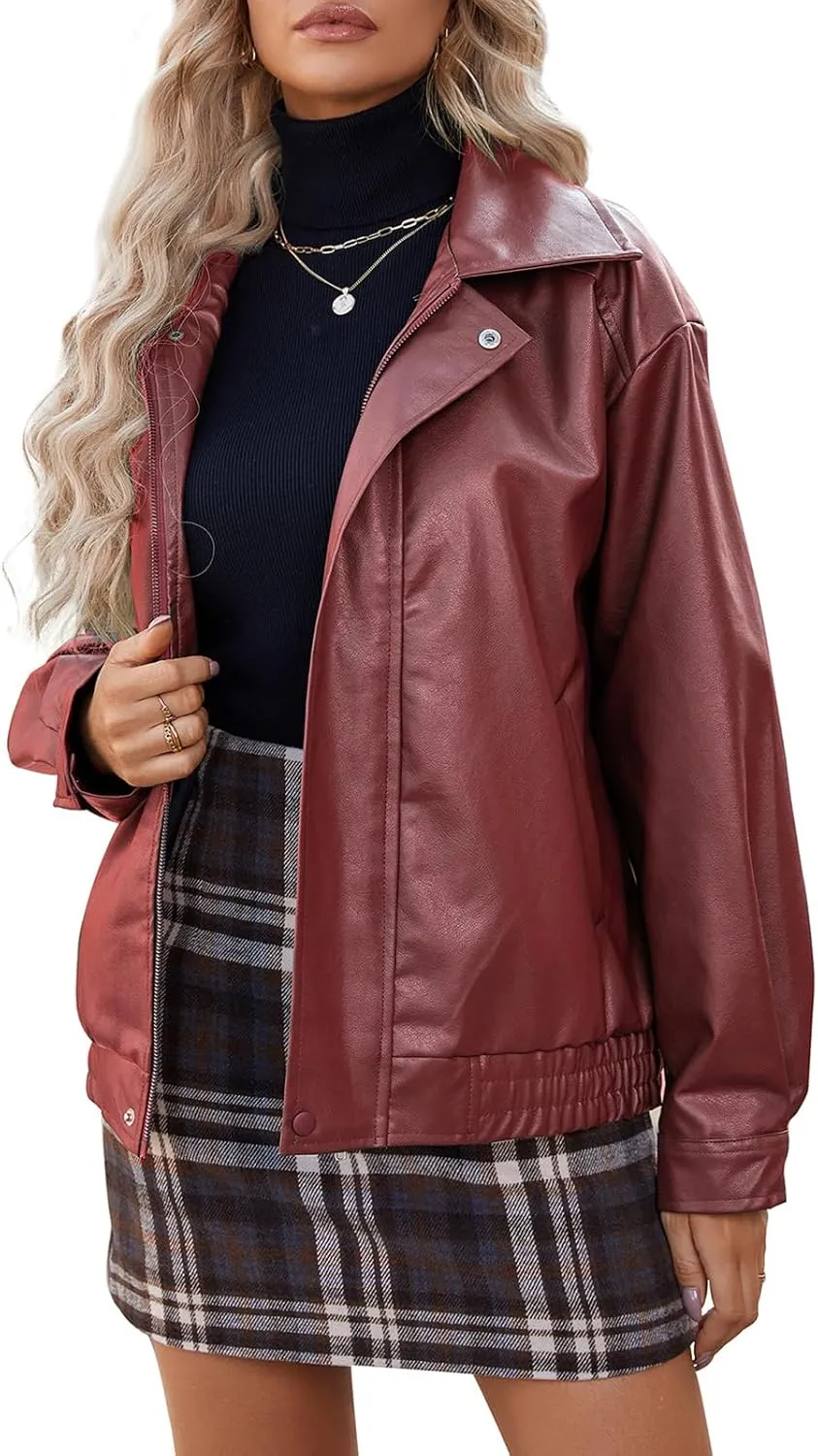 American Trends Leather Jacket Women Bomber Pleather Jacket Oversized Leather Blazer Biker Motorcycle Jacket