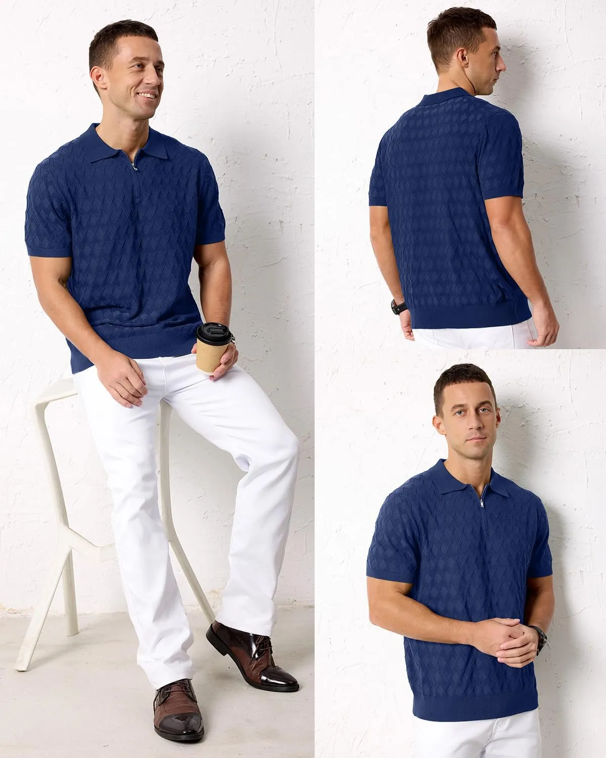 Arach&Cloz Mens Zipper Polo 3D Texture Shirts 2025 Spring Summer Fashion Knit Golf Tops Short Sleeve Dress Clothes