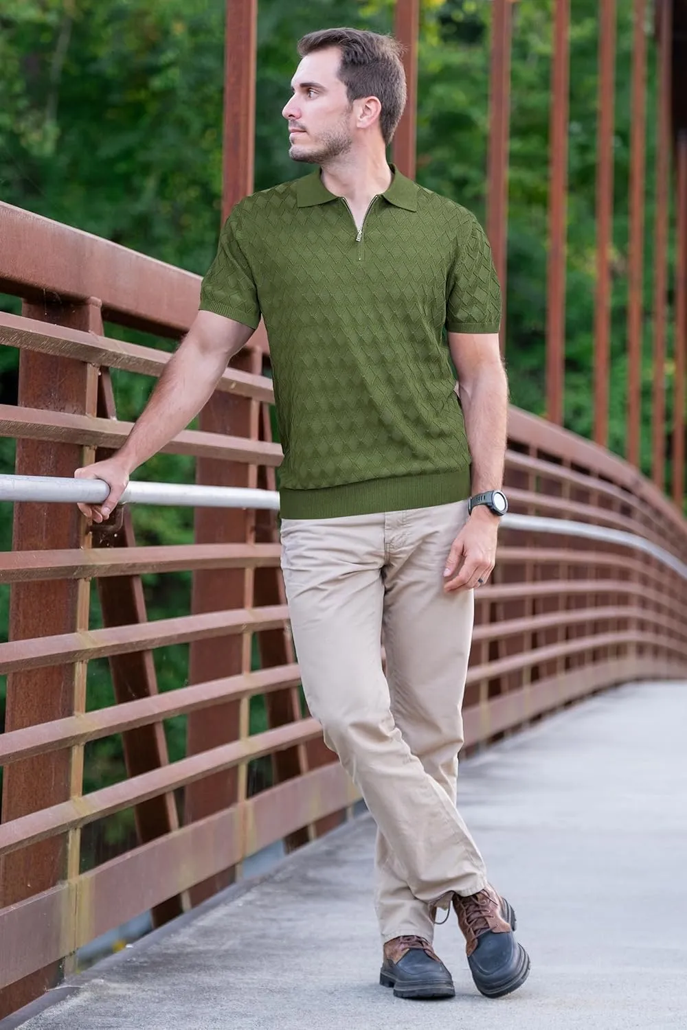 Arach&Cloz Mens Zipper Polo 3D Texture Shirts 2025 Spring Summer Fashion Knit Golf Tops Short Sleeve Dress Clothes