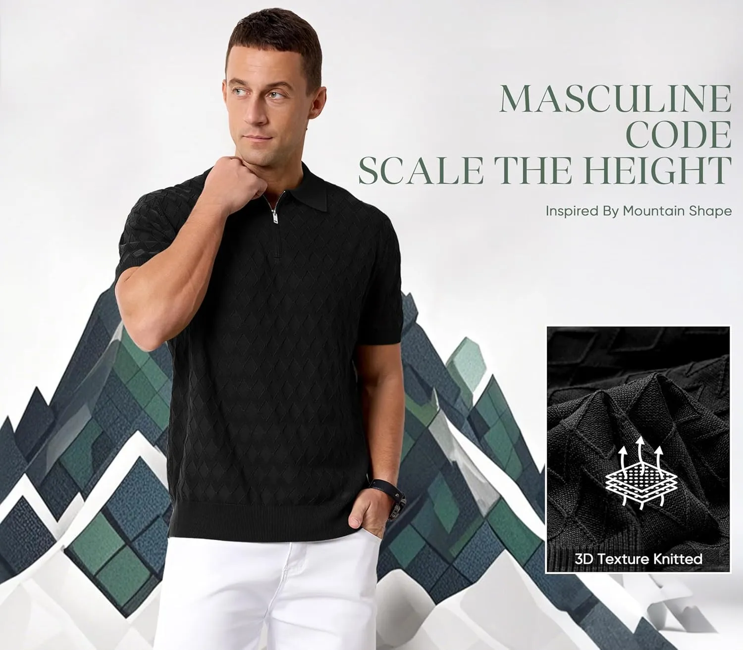 Arach&Cloz Mens Zipper Polo 3D Texture Shirts 2025 Spring Summer Fashion Knit Golf Tops Short Sleeve Dress Clothes