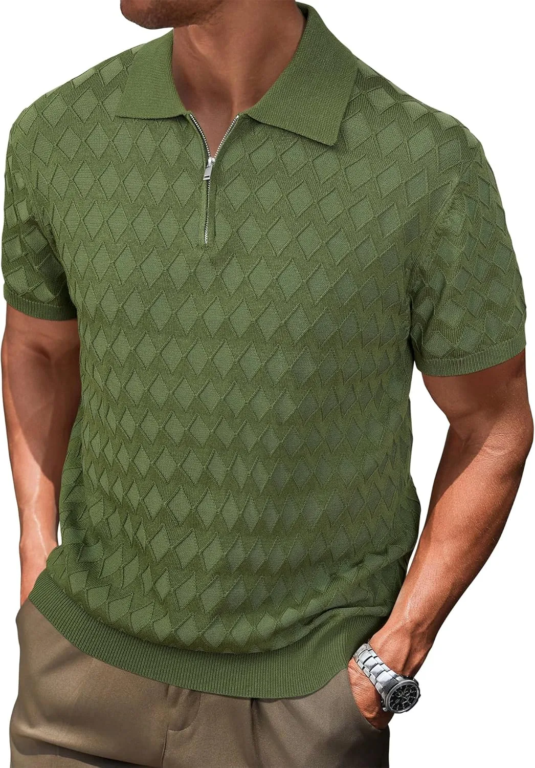 Arach&Cloz Mens Zipper Polo 3D Texture Shirts 2025 Spring Summer Fashion Knit Golf Tops Short Sleeve Dress Clothes