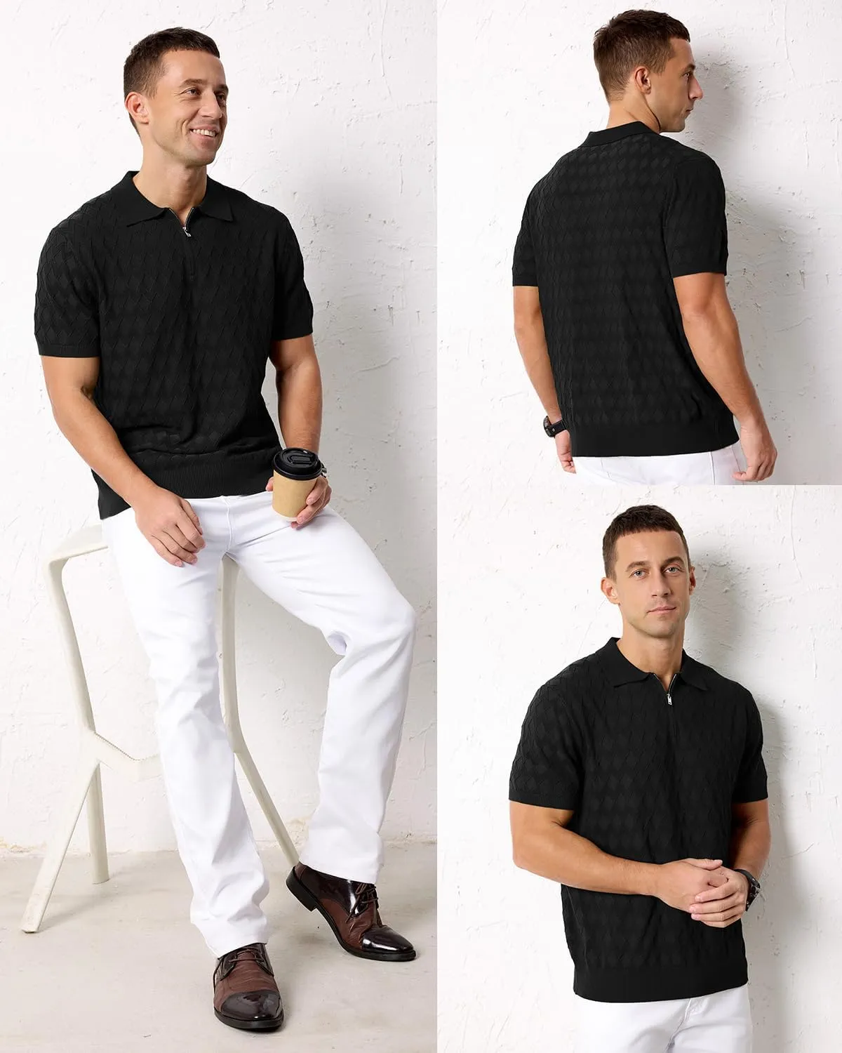 Arach&Cloz Mens Zipper Polo 3D Texture Shirts 2025 Spring Summer Fashion Knit Golf Tops Short Sleeve Dress Clothes