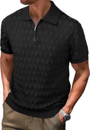 Arach&Cloz Mens Zipper Polo 3D Texture Shirts 2025 Spring Summer Fashion Knit Golf Tops Short Sleeve Dress Clothes