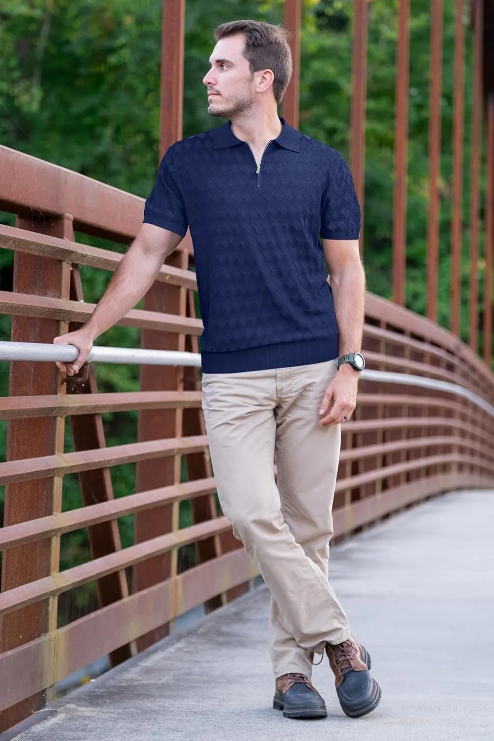 Arach&Cloz Mens Zipper Polo 3D Texture Shirts 2025 Spring Summer Fashion Knit Golf Tops Short Sleeve Dress Clothes