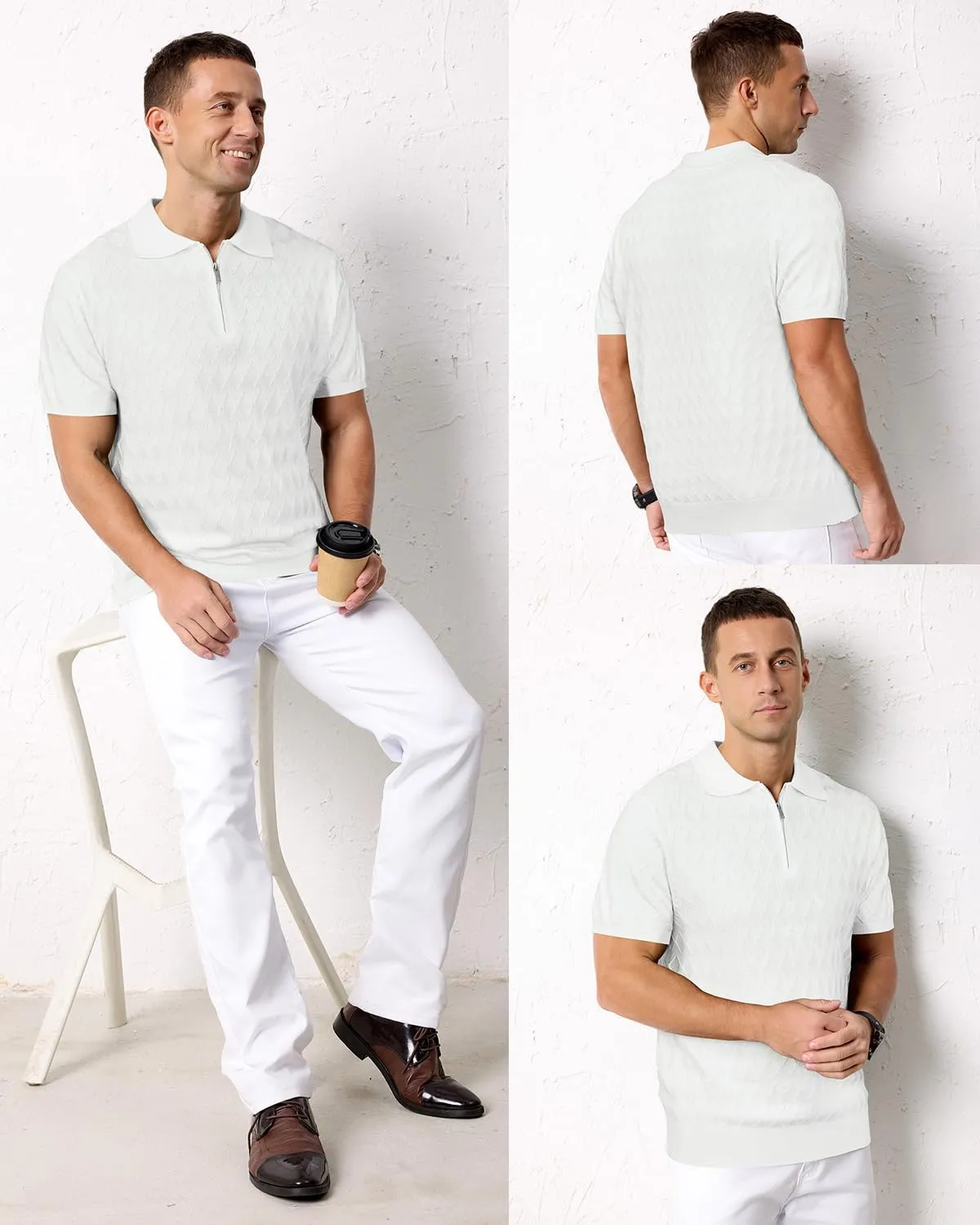 Arach&Cloz Mens Zipper Polo 3D Texture Shirts 2025 Spring Summer Fashion Knit Golf Tops Short Sleeve Dress Clothes
