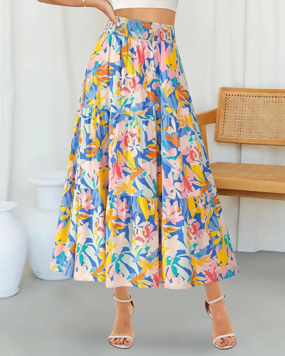 BTFBM Women's Floral Print Midi Maxi Skirts 2025 Summer Casual Aline Elastic High Waist Pleated Flowy Long Skirt Pockets