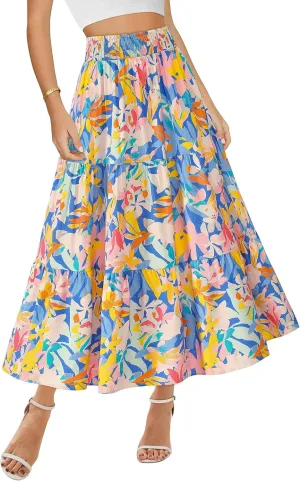 BTFBM Women's Floral Print Midi Maxi Skirts 2025 Summer Casual Aline Elastic High Waist Pleated Flowy Long Skirt Pockets