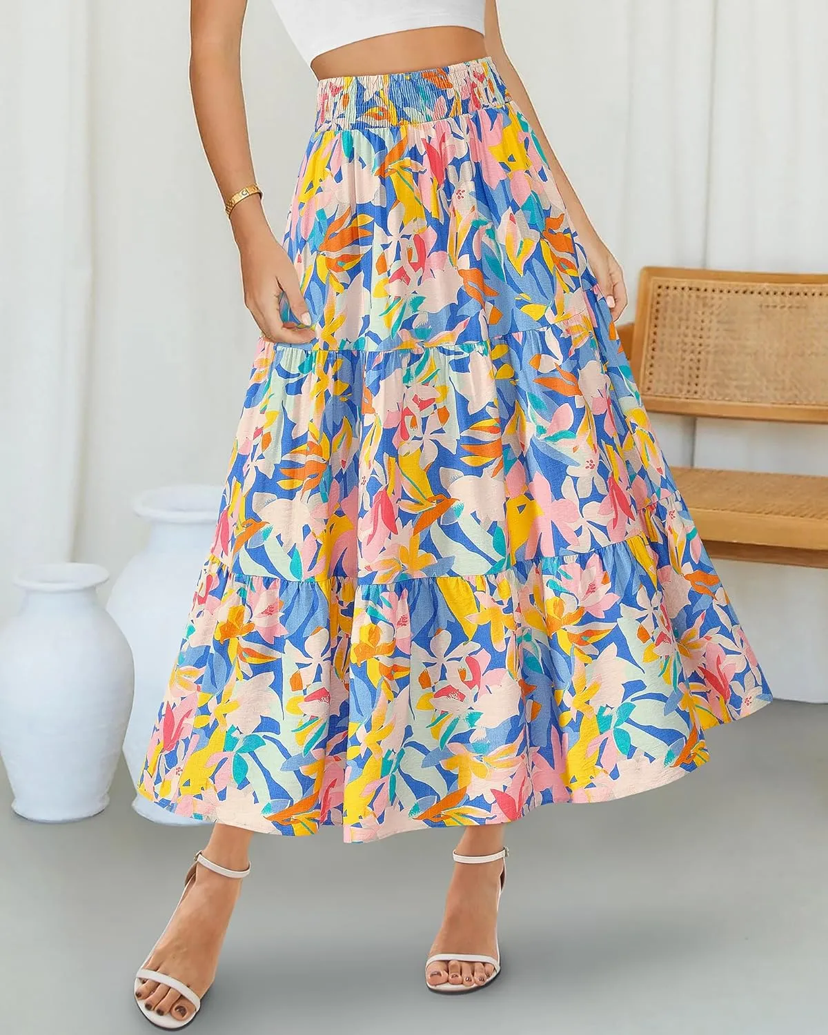 BTFBM Women's Floral Print Midi Maxi Skirts 2025 Summer Casual Aline Elastic High Waist Pleated Flowy Long Skirt Pockets