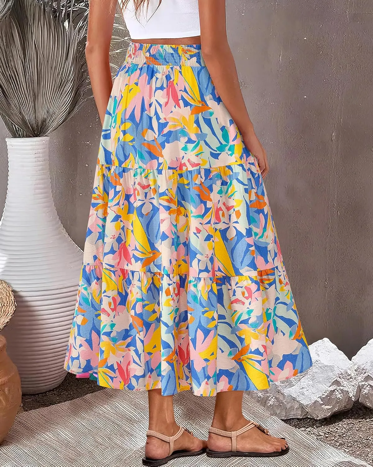 BTFBM Women's Floral Print Midi Maxi Skirts 2025 Summer Casual Aline Elastic High Waist Pleated Flowy Long Skirt Pockets