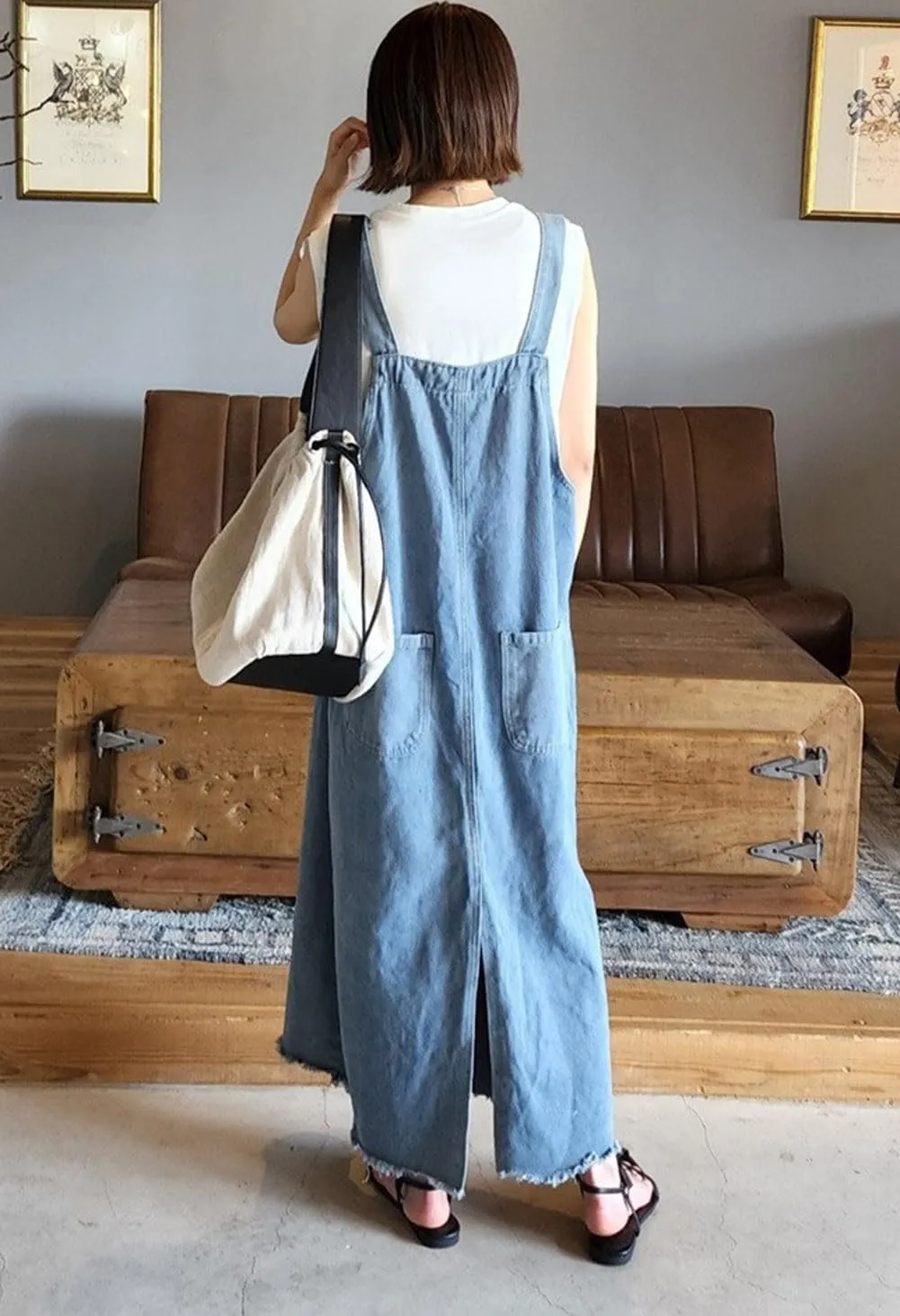 chouyatou Women's Adjustable Strap Frayed Denim Overall Dress A-Line Jean Jumper Pinafore Dress with Split