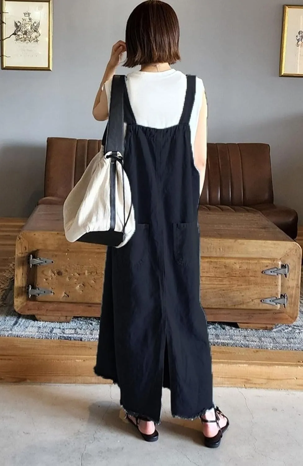 chouyatou Women's Adjustable Strap Frayed Denim Overall Dress A-Line Jean Jumper Pinafore Dress with Split