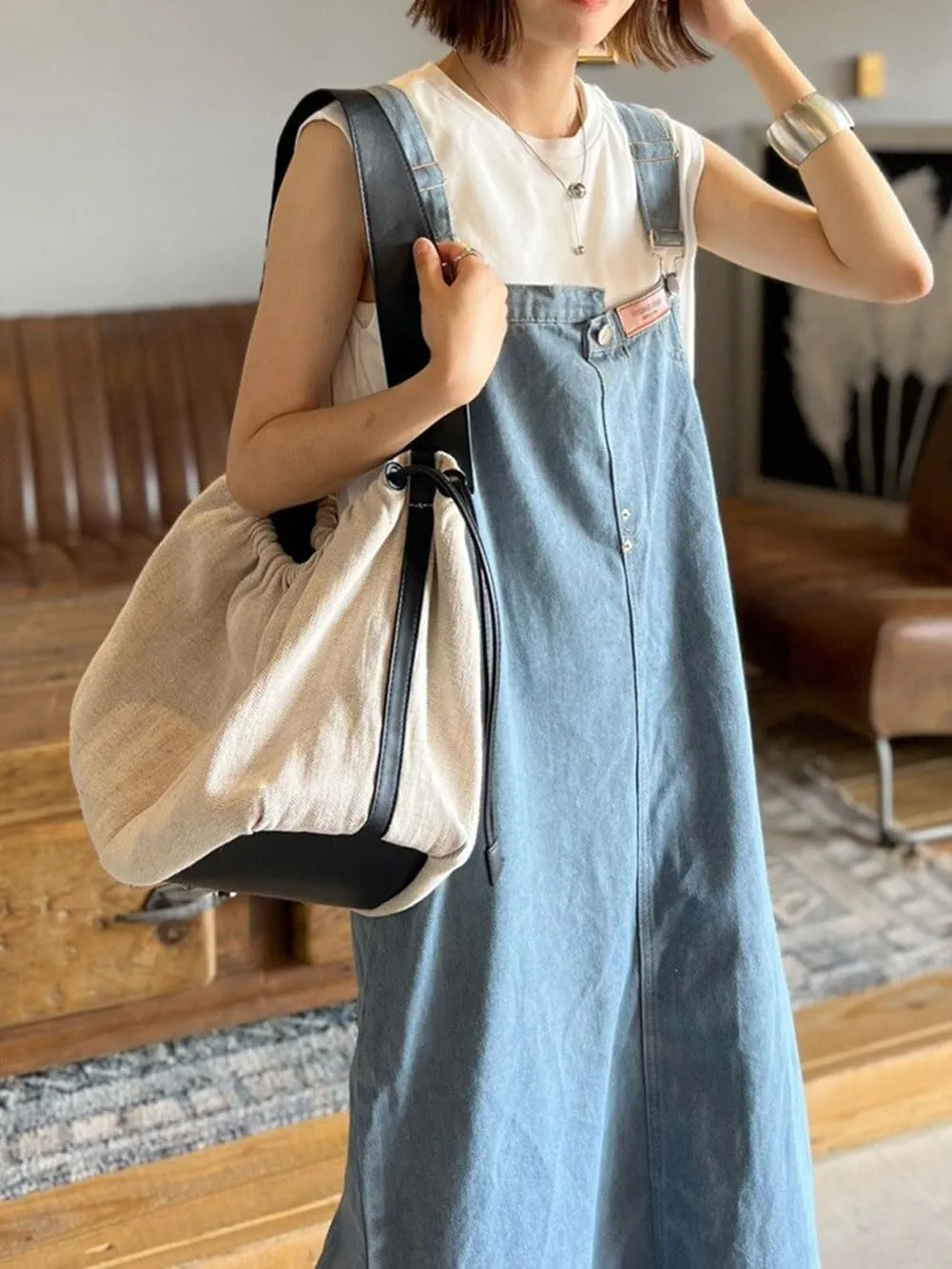 chouyatou Women's Adjustable Strap Frayed Denim Overall Dress A-Line Jean Jumper Pinafore Dress with Split