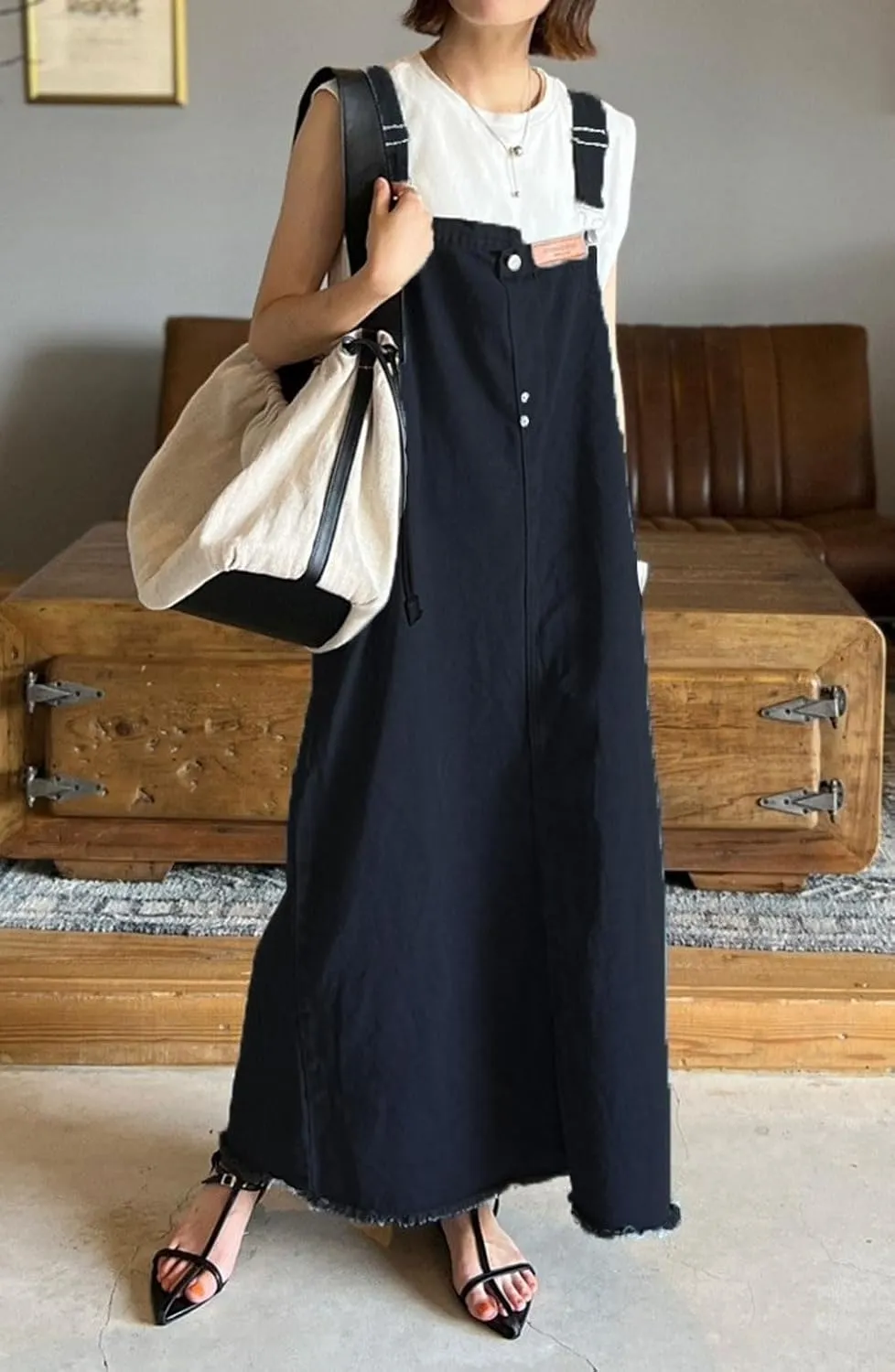 chouyatou Women's Adjustable Strap Frayed Denim Overall Dress A-Line Jean Jumper Pinafore Dress with Split